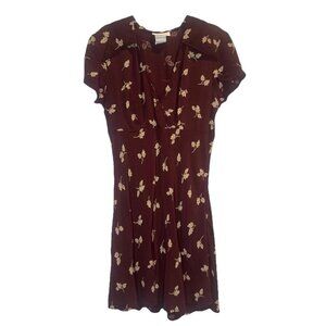 VTG Women’s Reza Burgundy w/ Leaf Print V Neck‎ Short Sleeve Mini Dress Sz 5